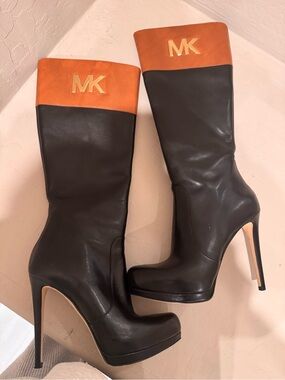 Michael Kors Hayley Knee-High Boots - Black & Luggage Brown Leather (Size 5.5)